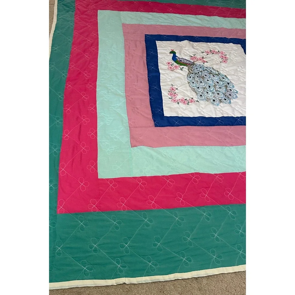 Vintage Peacock Embroidered Quilt Colorful Multi Border‎ Butterfly Stitching